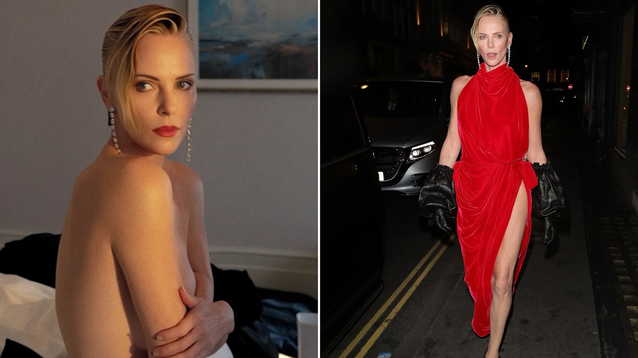 Charlize Theron habit me pozën provokuese pa bluzë 