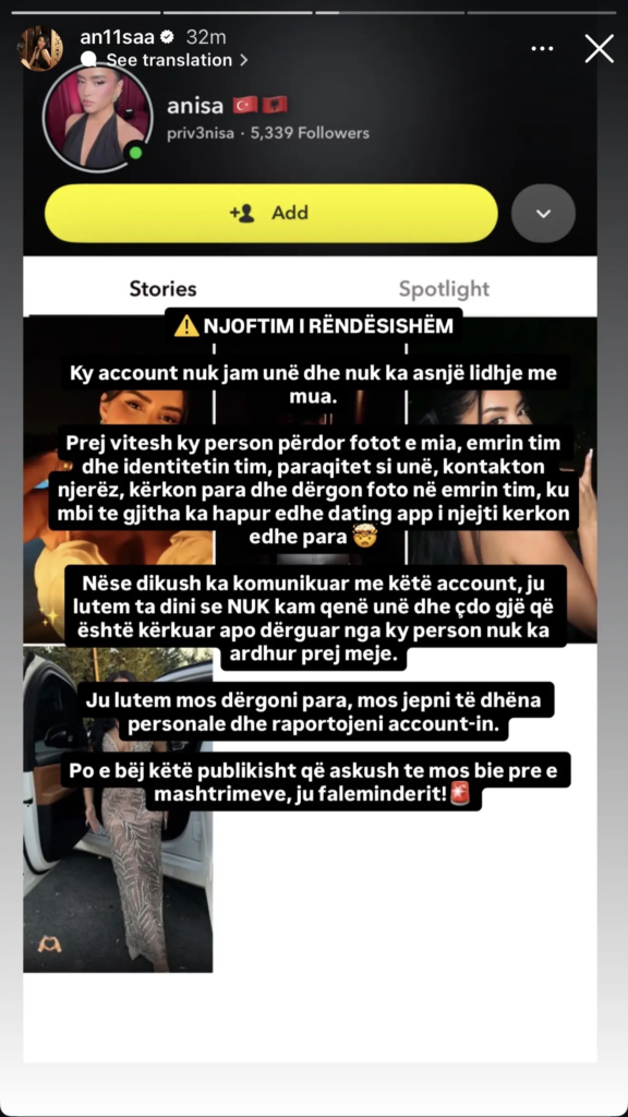 Identiteti i Anisës në rrezik: Si një llogari e rreme po keqpërdor emrin e saj