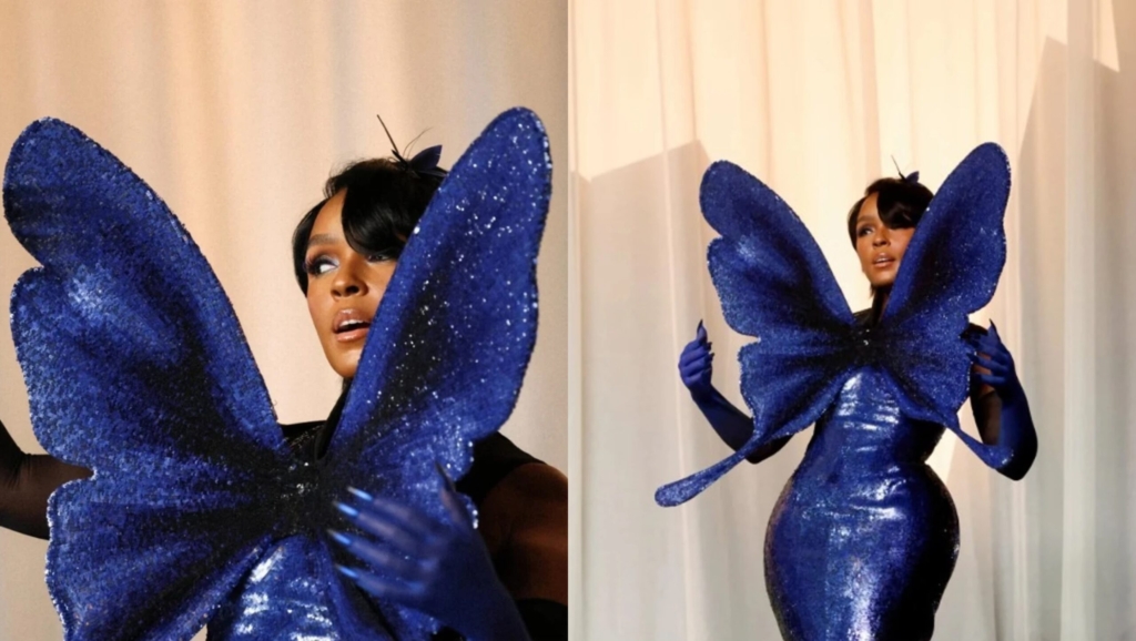 Janelle Monáe me fustan blu kobalt dhe krahë gjigantë fluture!